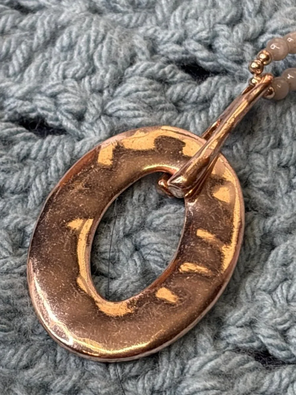 Grey Glass Goldtone Beaded Necklace Hammered Oval Pendant Lobster Clasp Pendant